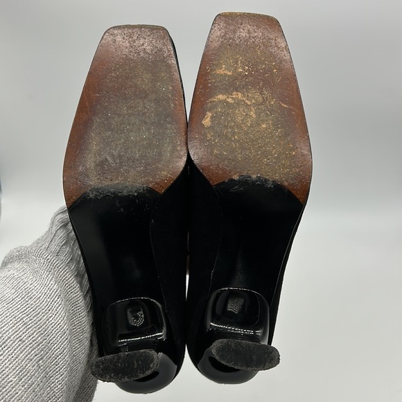 Stuart Weitzman Black Suede Heels Women's 7.5 B Patent Heel Square Toe - Picture 8 of 9